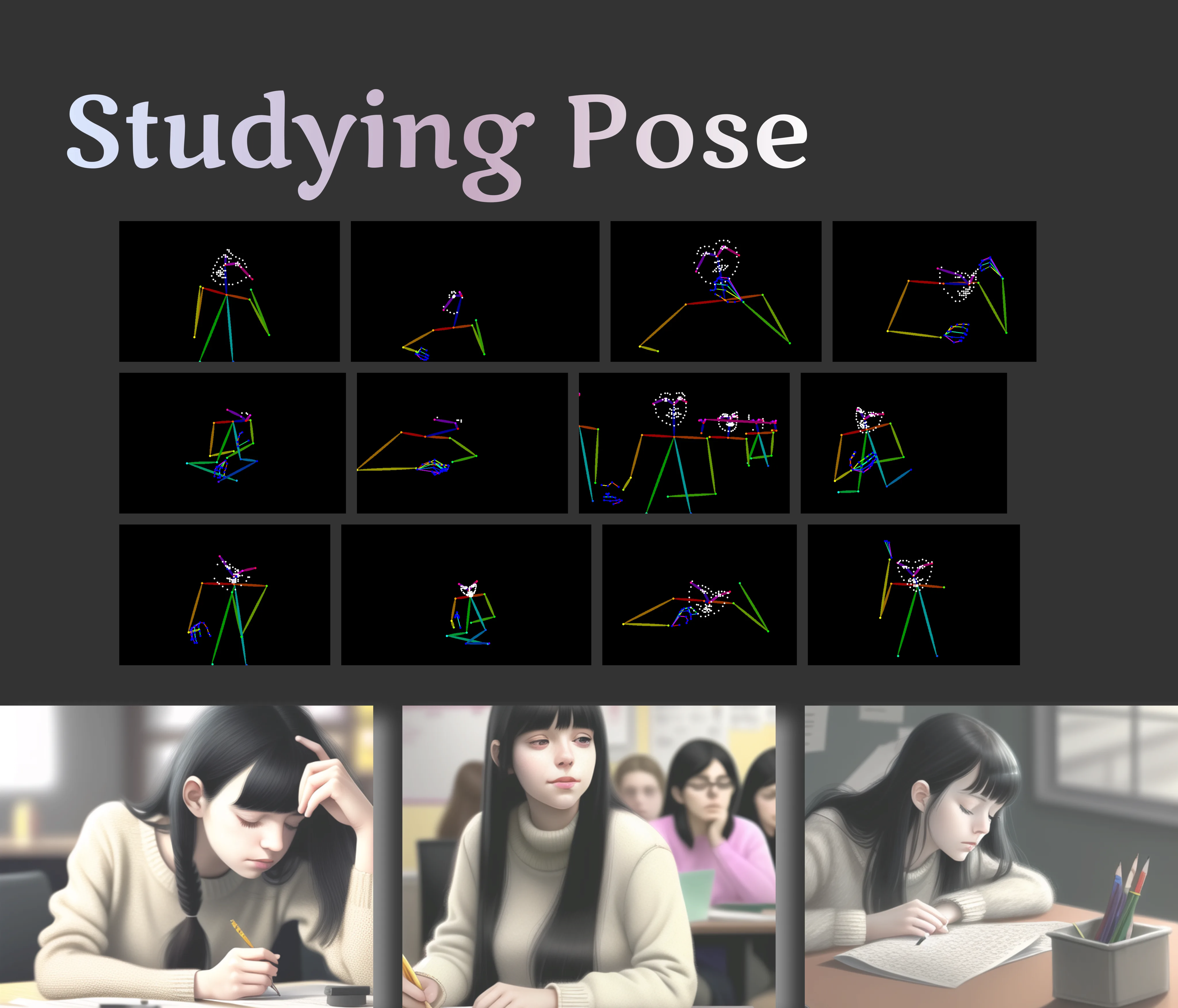 【Poses】12 studying Pose 姿势，12种学习姿势控制火柴人_Qpipi