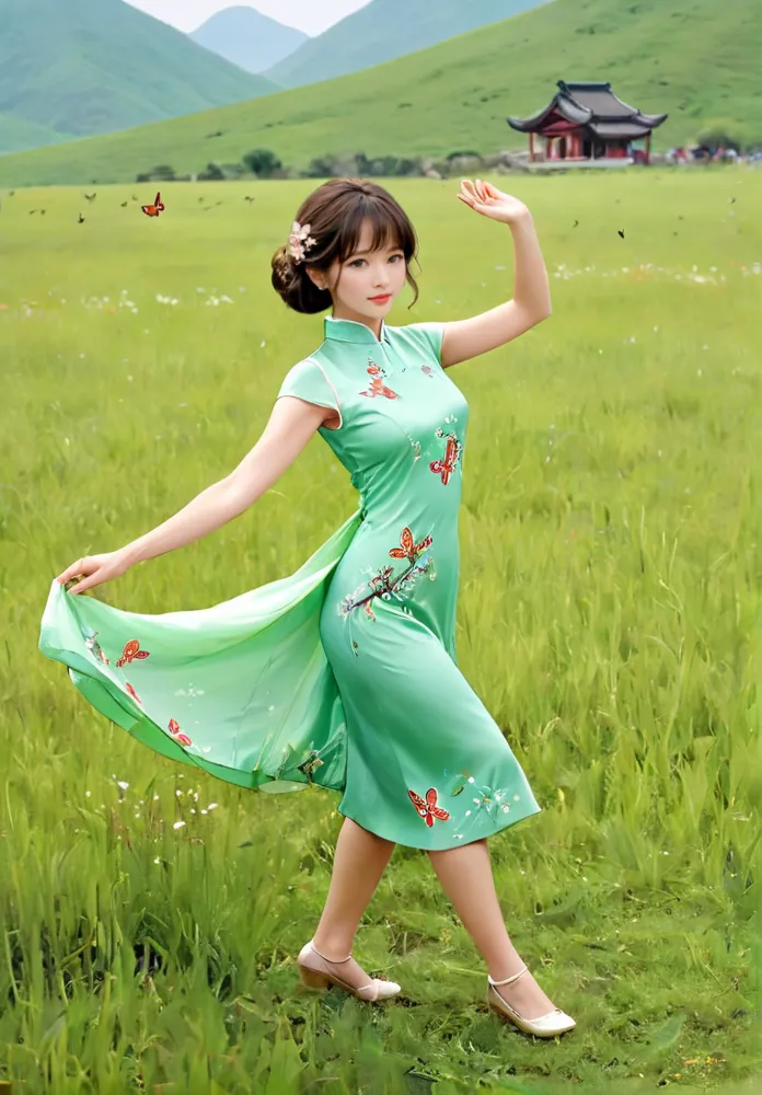 20231225100432495-00506-893967536-snow mountain in the distance,withered grass in middle distance,green grass nearly,Sophie Marceauin in cheongsam is dancing,best