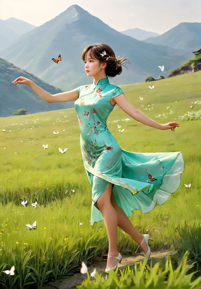 20231225100433542-00507-893967537-snow mountain in the distance,withered grass in middle distance,green grass nearly,Sophie Marceauin in cheongsam is dancing,best