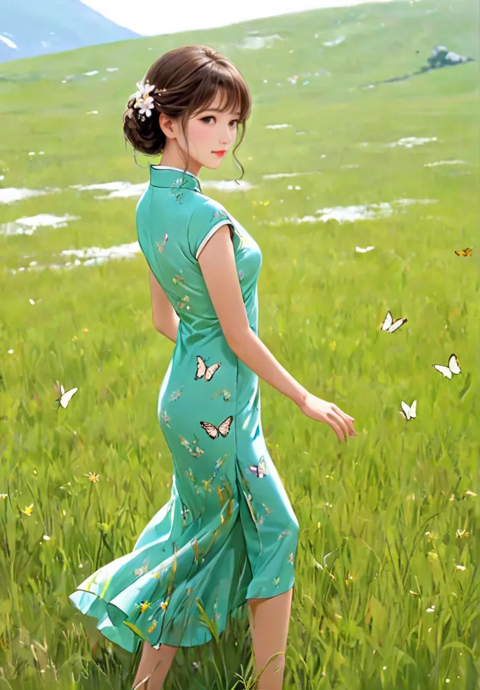 20231225100433990-00508-893967538-snow mountain in the distance,withered grass in middle distance,green grass nearly,Sophie Marceauin in cheongsam is dancing,best
