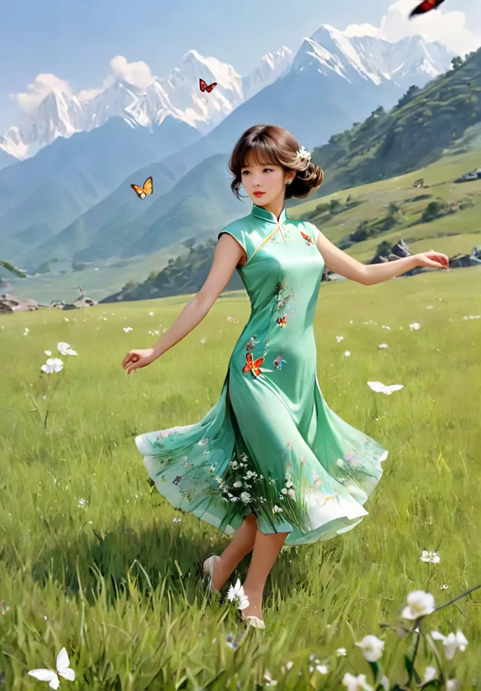 20231225100434123-00509-893967539-snow mountain in the distance,withered grass in middle distance,green grass nearly,Sophie Marceauin in cheongsam is dancing,best